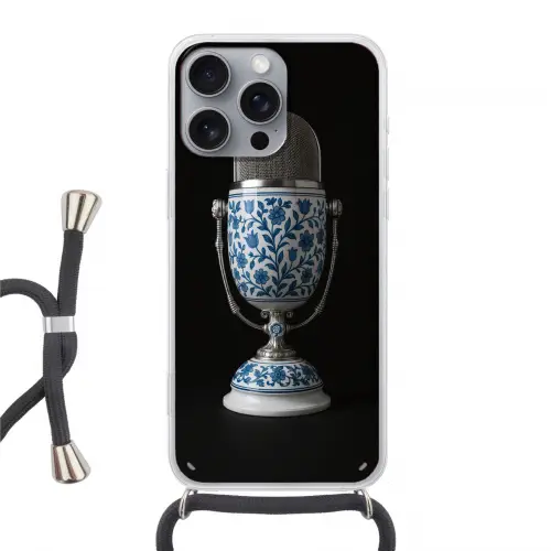Microfoon - Delfts blauw - Muziek Hoesje iPhone 16 Pro Max met koord klein -3d