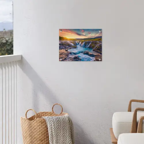 Waterval - Planten - Mos - Landschap - Zonsondergang - Rots tuinposter los doek klein -sfeer8