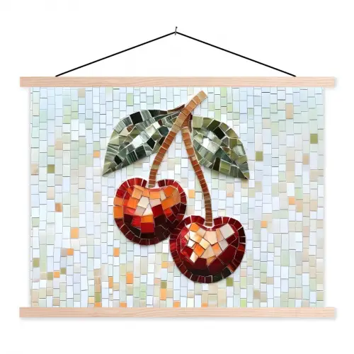 Kersen - Rood - Mozaïek - Blaadjes textielposter latten blank klein -3d