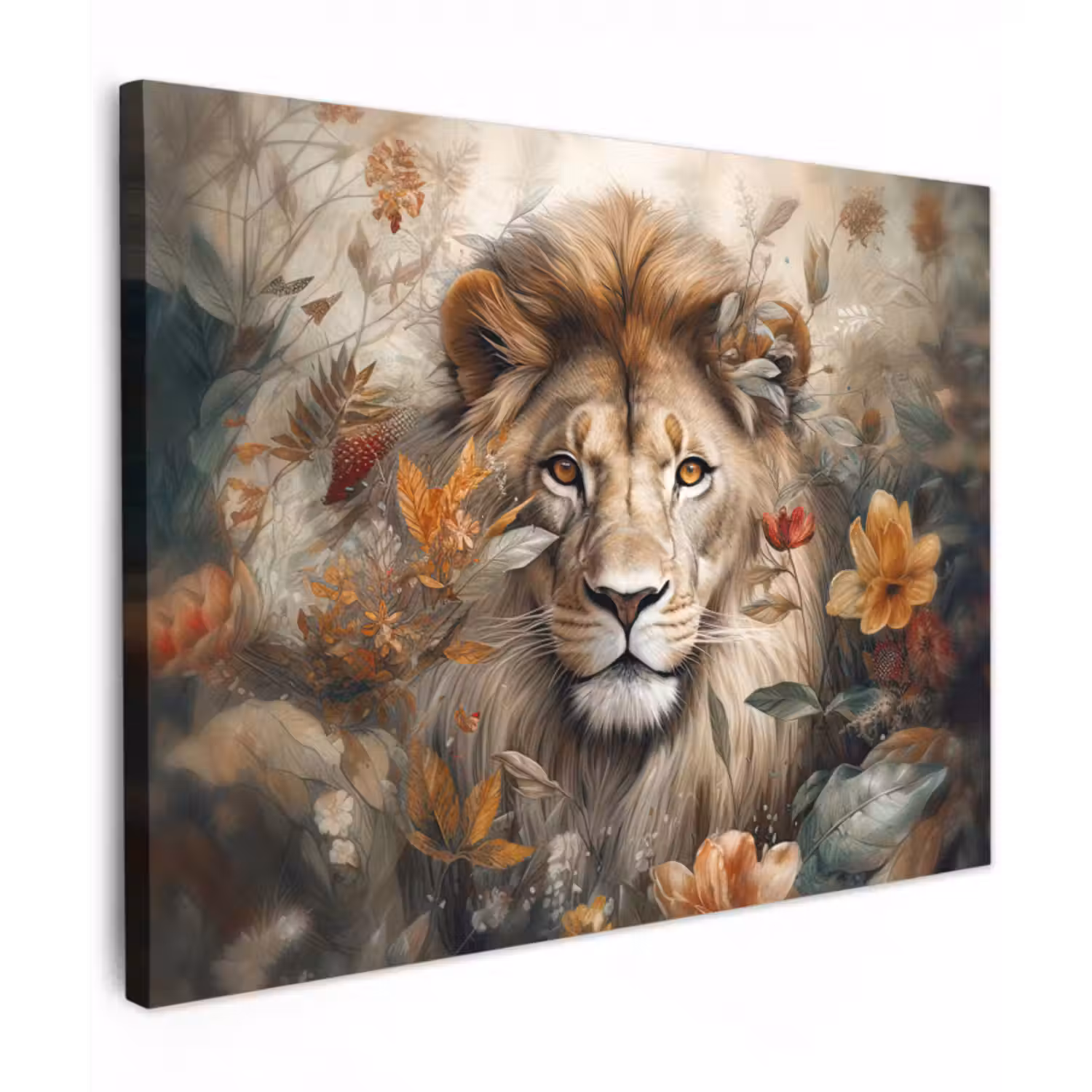 Leinwandbild - Löwe - Wildtiere - Pflanzen - Natur - Blumen