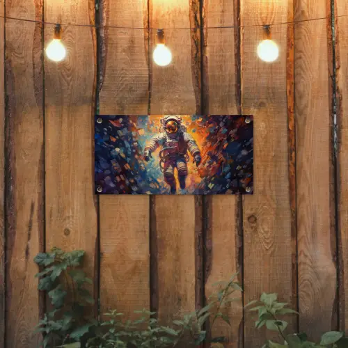 Astronaut - Neon - Oranje - Ruimte tuinposter los doek klein -sfeer1