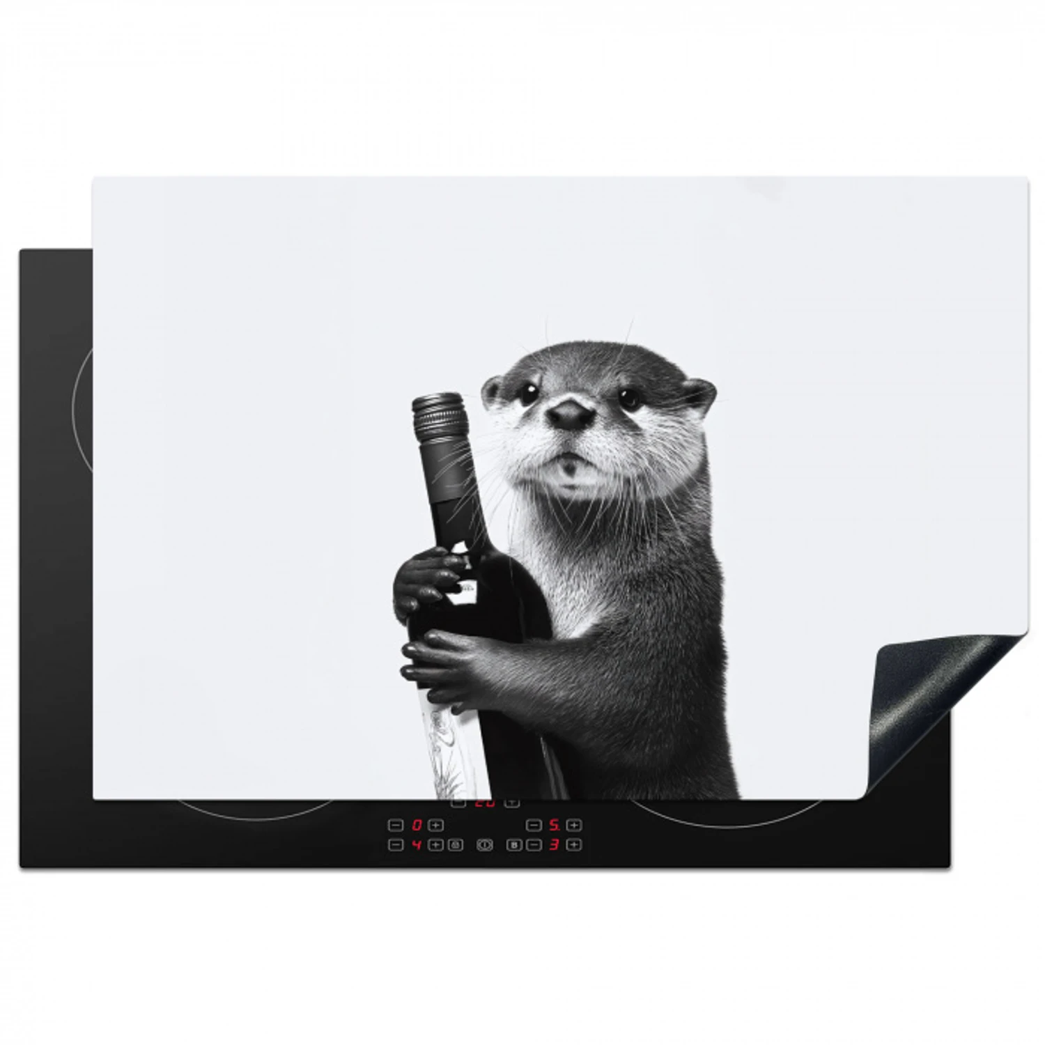 Wijnfles - Otter - Zwart Inductie beschermer vinyl 3mm klein -3d