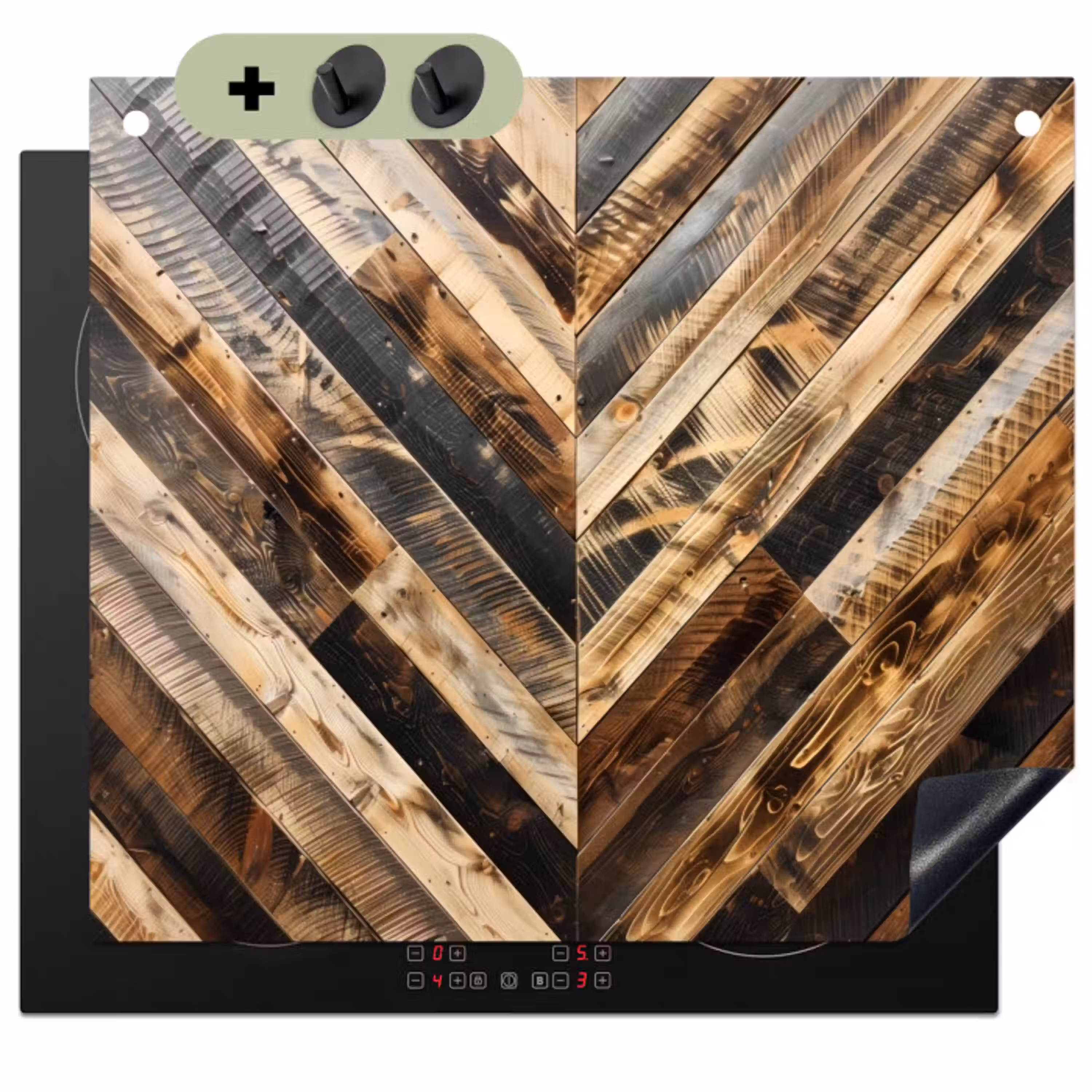 Geschroeid Hout in Visgraat Inductie beschemer met haakjes klein -3d