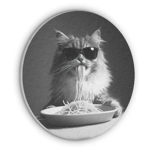 Akoestisch schilderij rond - Langharige kat - Zonnebril - Spaghetti - Humor - Zwart - wit