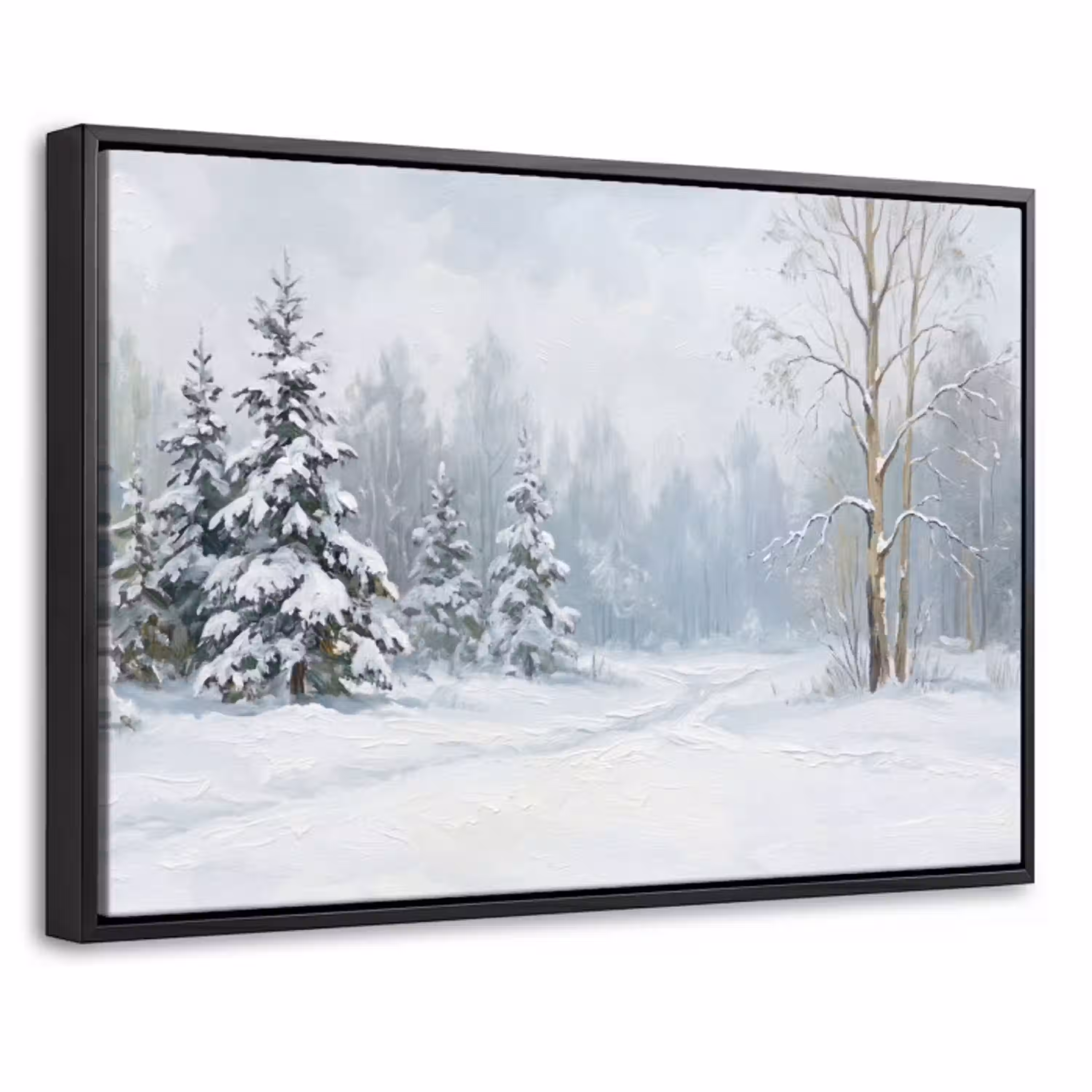 Bospad - Dennen - Sneeuw - Winter - Rustgevend Canvas met baklijst klein -threedimensional_3d_global