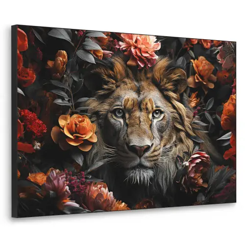 Leeuw - Dier - Natuur - Bloemen - Botanisch Textielframe zwart klein -3d