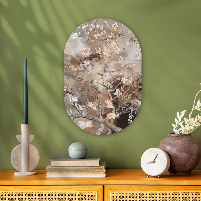 Amandelbloesem - Kunst - Van Gogh - Beige - Abstract Wandcirkel Ovaal Forex klein -sfeer2