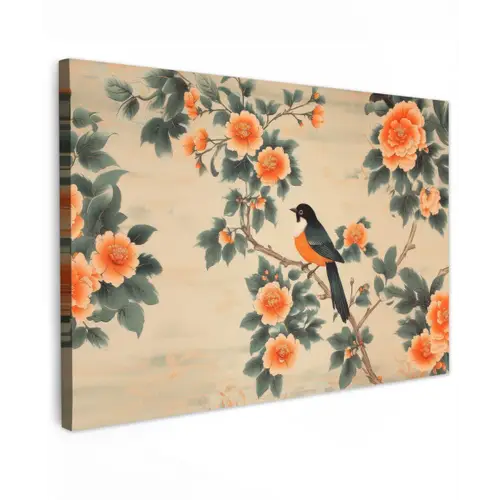 Vogel - Tak - Bloemen - Oranje canvas 2cm klein -z3d