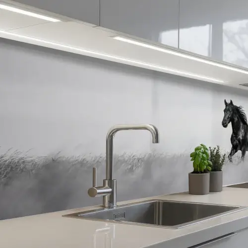 Paarden - Gras - Zwart - Wit keuken achterwand 2 middel -3d_schuin