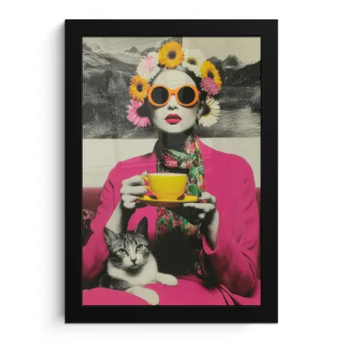 Vrouw - Kat - Bloemen - Kopje - Retro fotolijst zwart zonder passe partout klein -3d