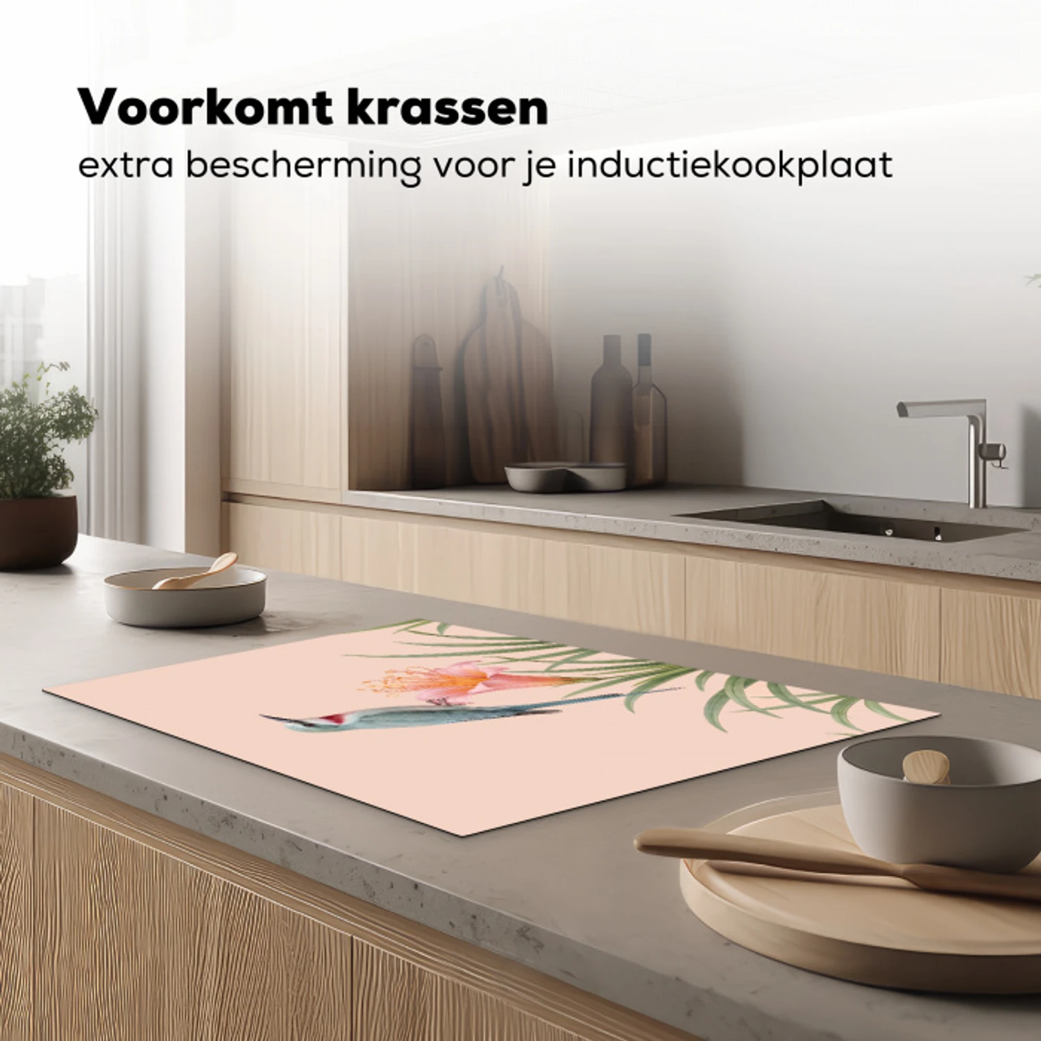 Vogel - Bloem - Natuur - Roze Inductie beschermer vinyl 3mm klein -sfeer1