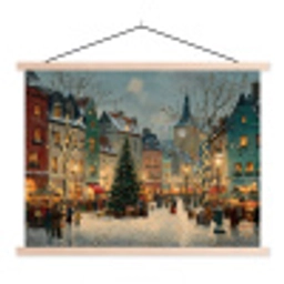 Kerstsfeer - Stadsplein - Kleurrijk textielposter latten blank klein -3d