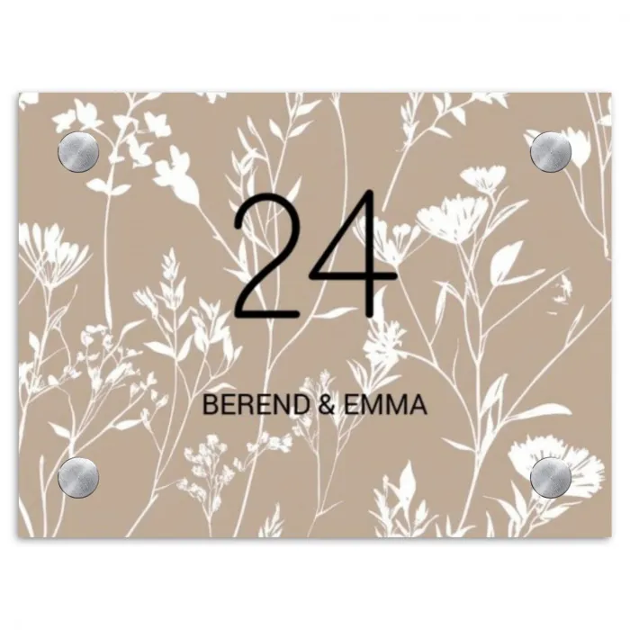 Beige bloemmotief - Klassiek Naambord Rechthoek middel -3d