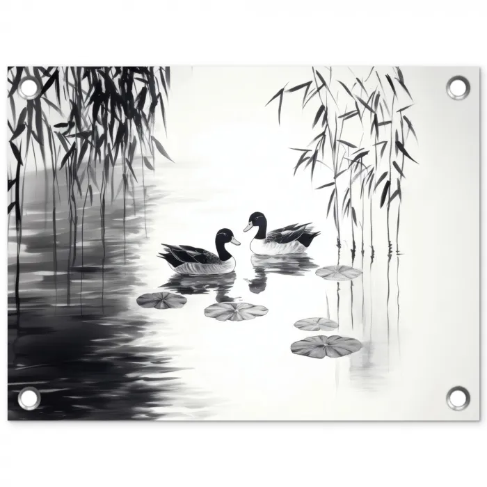 Eenden - Waterlelies - Riet - Zwart tuinposter los doek klein -3d
