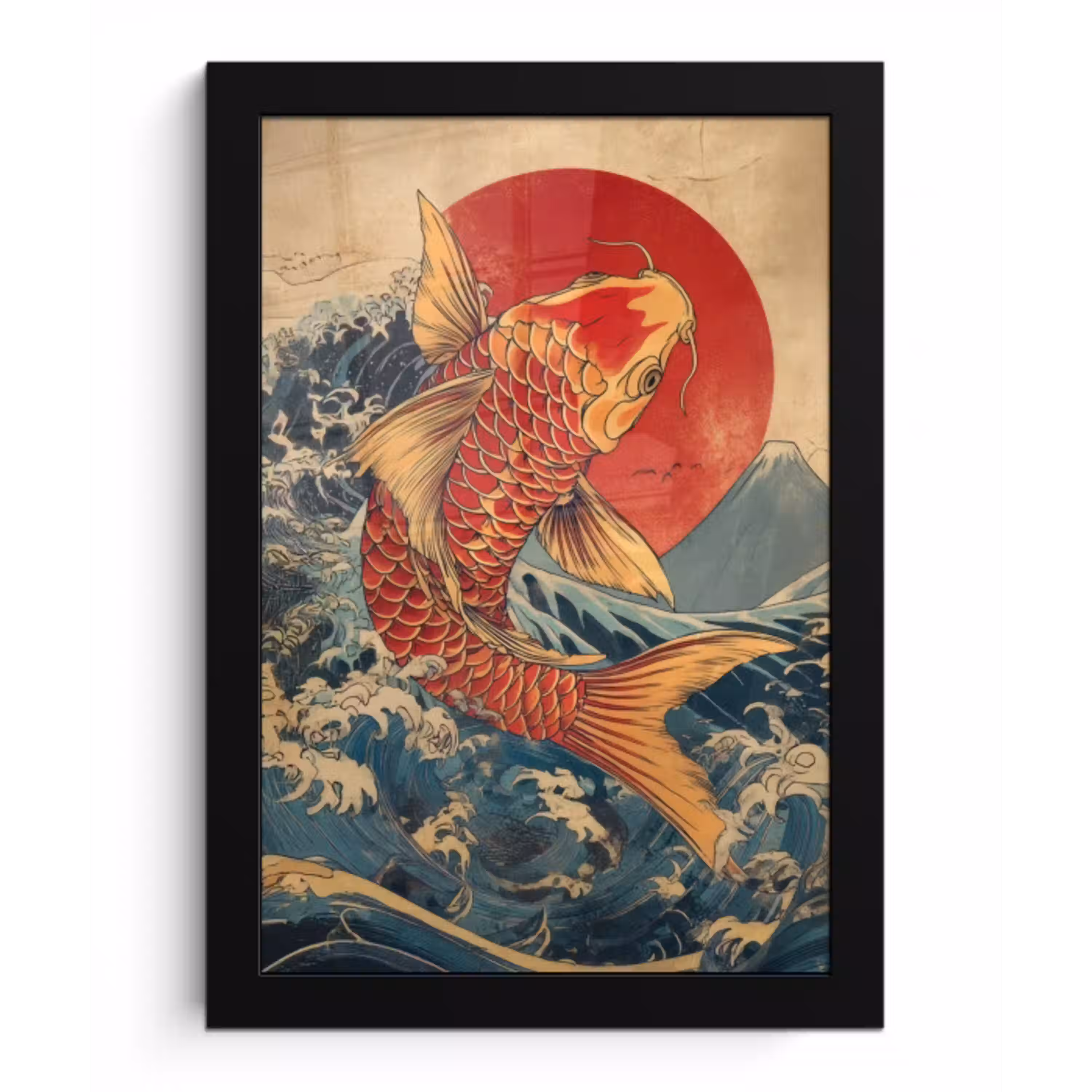 Koi - Zee - Golven - Zon fotolijst zwart zonder passe partout klein -3d
