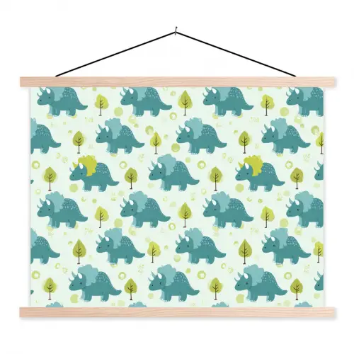 Triceratop - Blauw - Stippen - Boompjes textielposter latten blank klein -3d