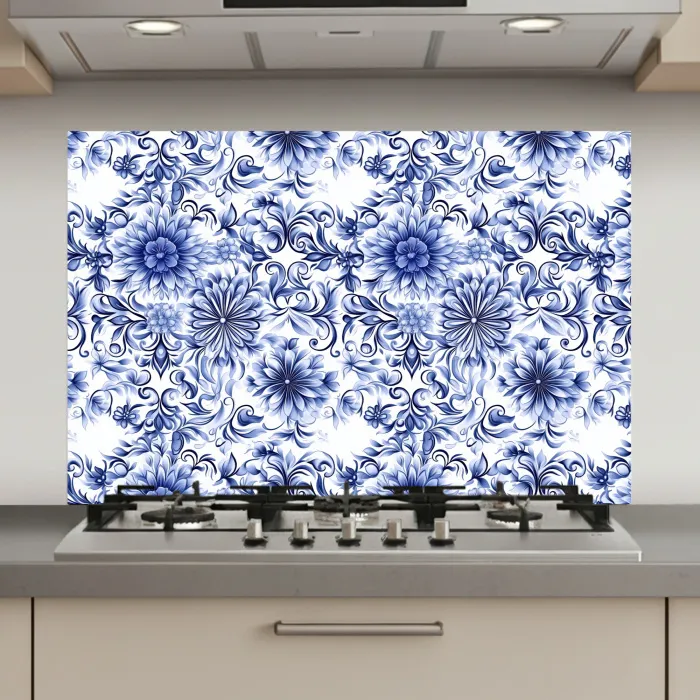 Bloemen - Blauw - Patroon - Wit keuken achterwand spatscherm klein 900 -3d_website