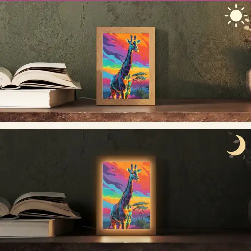 Giraffe - Savanna - Lucht - Gekleurd Light Box met kabel (Tafellamp) klein -sfeer3