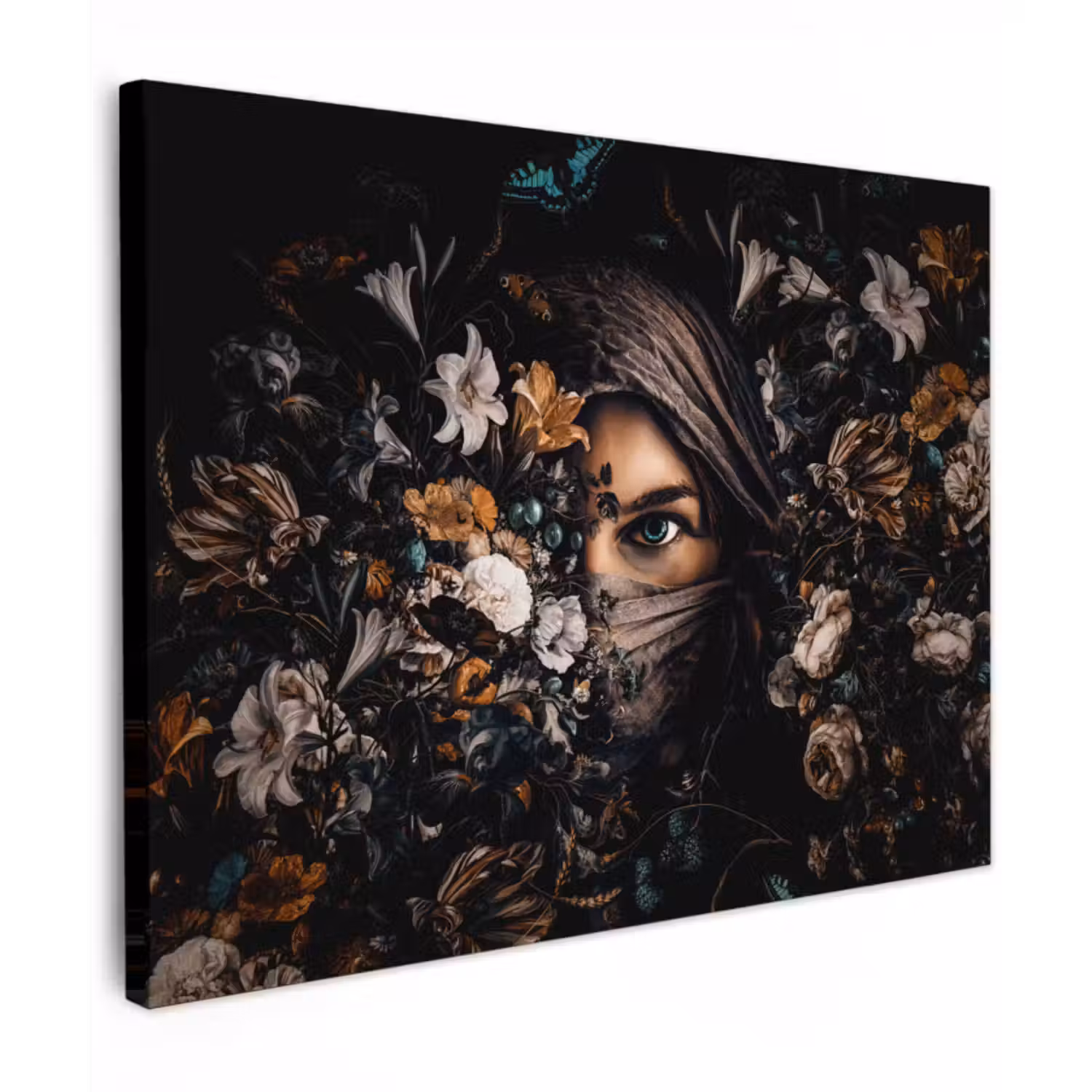 Canvas schilderij - Vrouw - Luxe - Bloemen - Vlinder - Portret