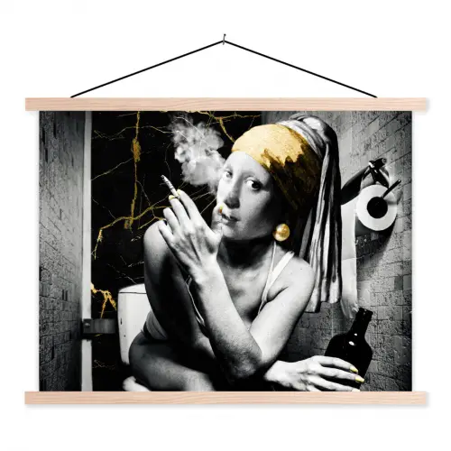 Marmerlook - Meisje met de parel - Sigaretten - Toilet - Goud - Kunst - Oude meesters textielposter latten blank klein -3d