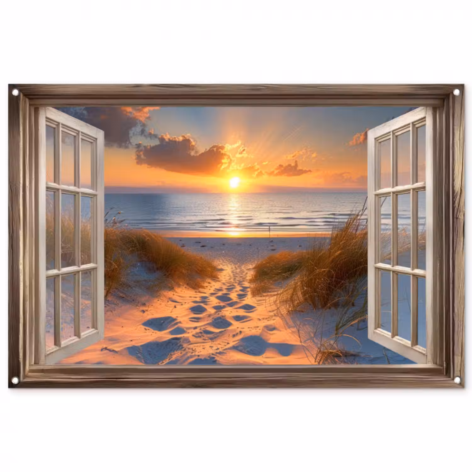 Tuinposter - Doorkijk - Strand - Duinen - Zonsondergang