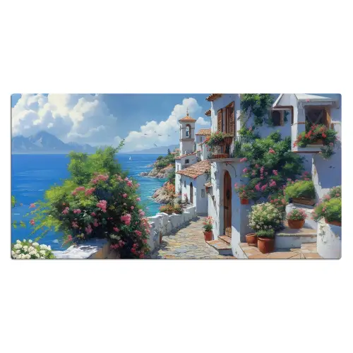 Huizen - Zee - Bomen - Bloemen Muismat XXL klein -3d_leeg