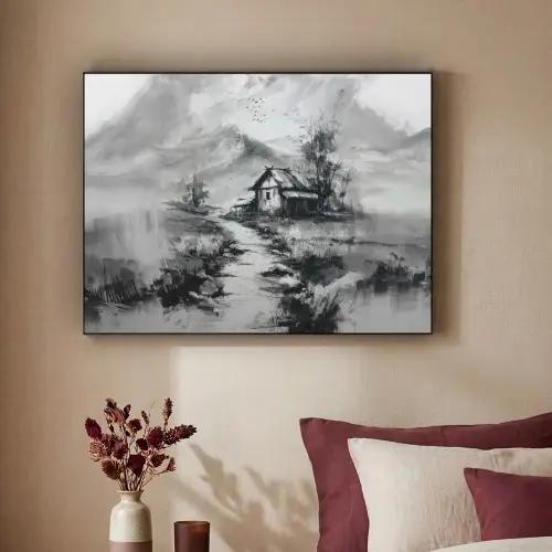 Hut - Grijs - Bergen - Mistig Textielframe zwart klein -sfeer1