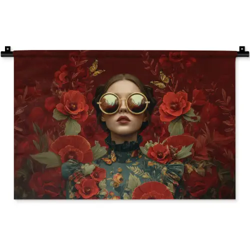 Bloemen - Dieprood - Zonnebril - Vrouw Wandkleed katoen klein -zz3d
