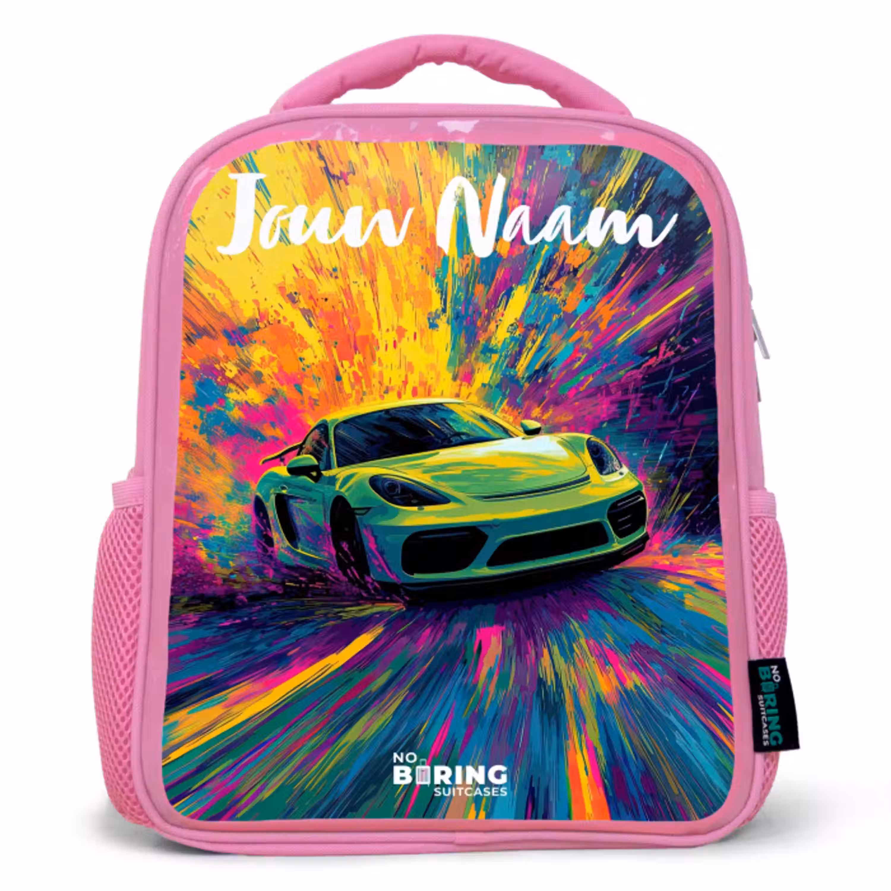 Sportauto - Groen - Verfstrepen - Kleuren Kinderrugzak - Roze middel -3d