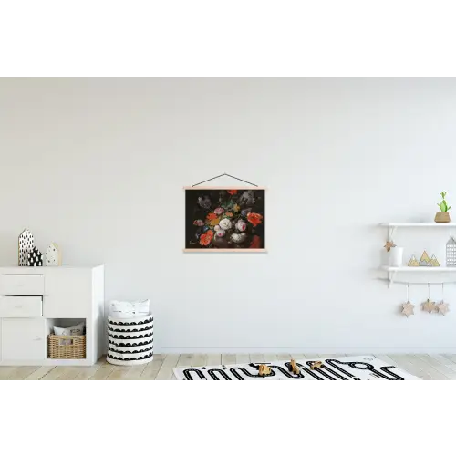 Stilleven met bloemen en een horloge - Schilderij van Abraham Mignon textielposter latten blank klein -kinderkamer