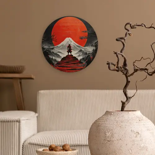 Krijger - Rode trappen - Zon - Berg Wandcirkel kunststof plaat 5mm dik klein -sfeer1