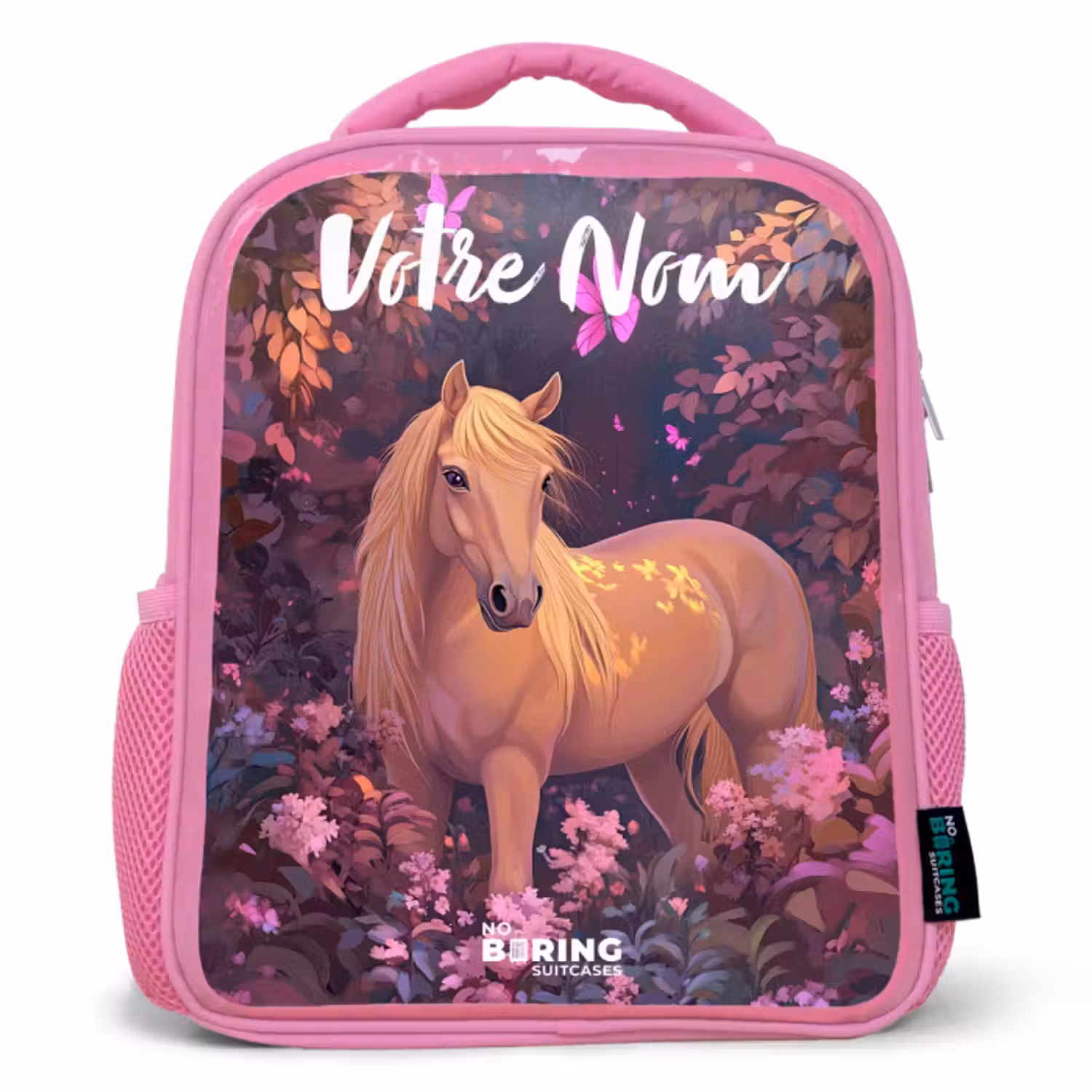 Sac à dos enfant avec votre nom - Rose - Cheval - Fleurs - Violet - Papillon