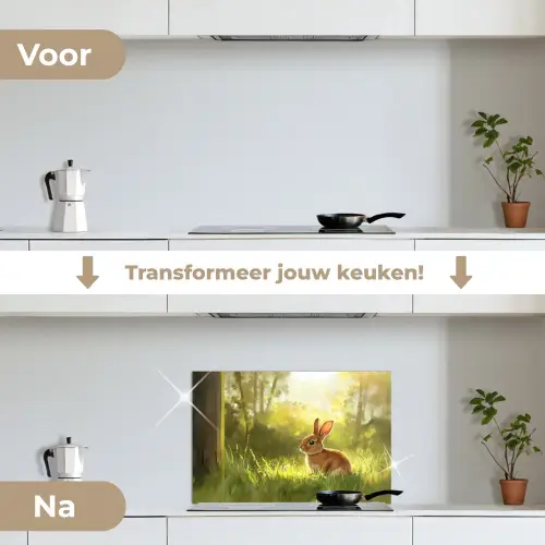 Konijn - Zonlicht - Bos keuken achterwand spatscherm klein -voor_na_NL