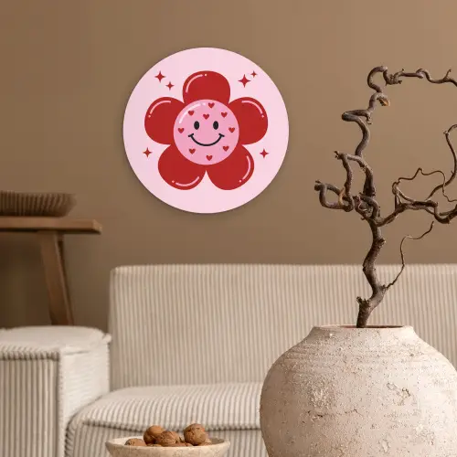 Bloem - Roze - Hartjes Wandcirkel kunststof plaat 5mm dik klein -sfeer1