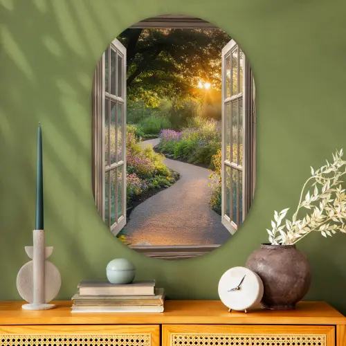 Doorkijk - Bloemen - Natuur - Zon - Pad Wandcirkel Ovaal Glas middel -sfeer2