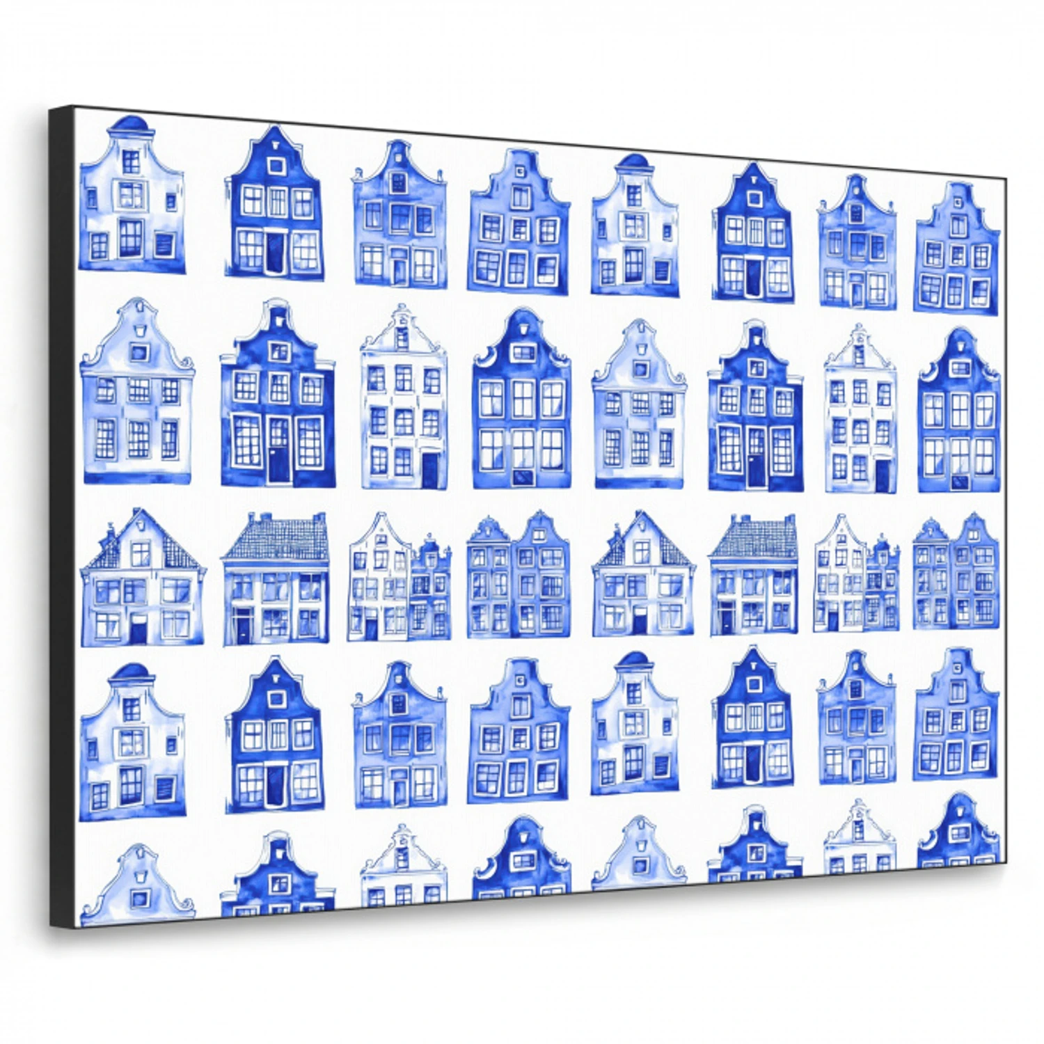 Patroon - Huizen - Blauw Textielframe zwart klein 947 -3d