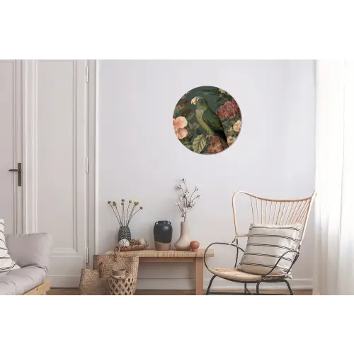 Groene papegaai - Kleurrijke bloemen - Donkere achtergrond Wandcirkel aluminium klein -woonkamer