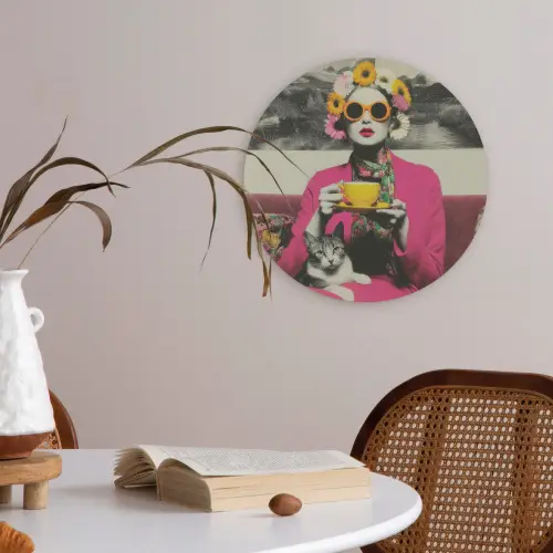 Vrouw - Kat - Bloemen - Kopje - Retro Akoestische PET Vilt - Rond klein -sfeer3