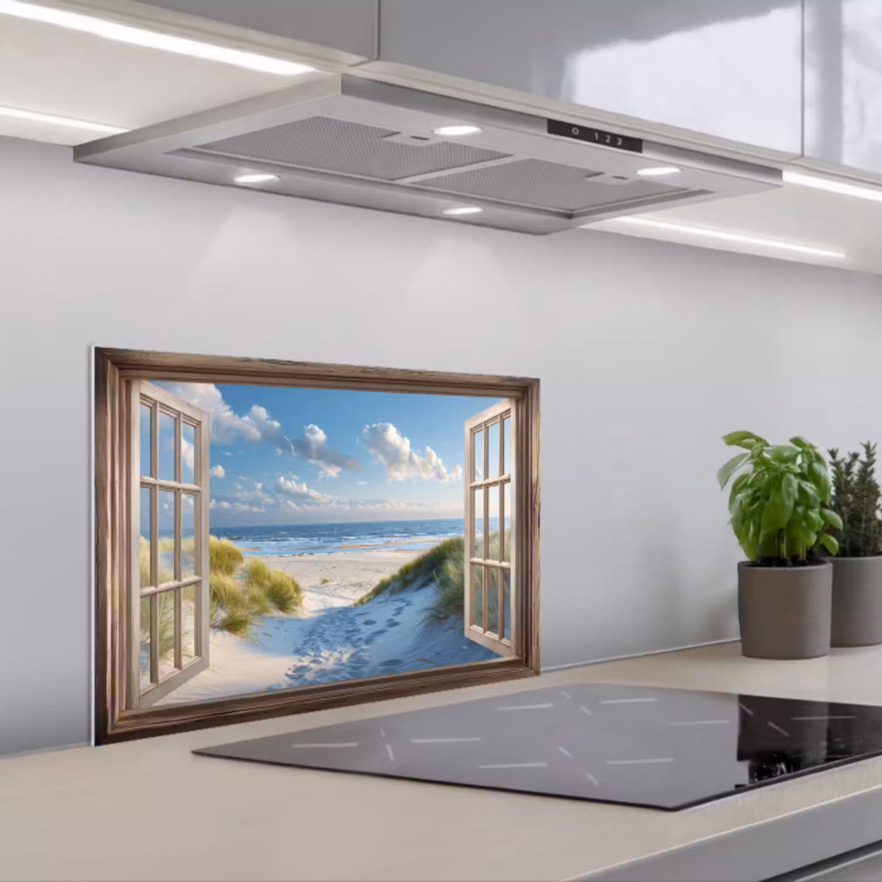 Doorkijk - Strand - Raam - Duinen - Zee keuken achterwand spatscherm klein -3d_schuin