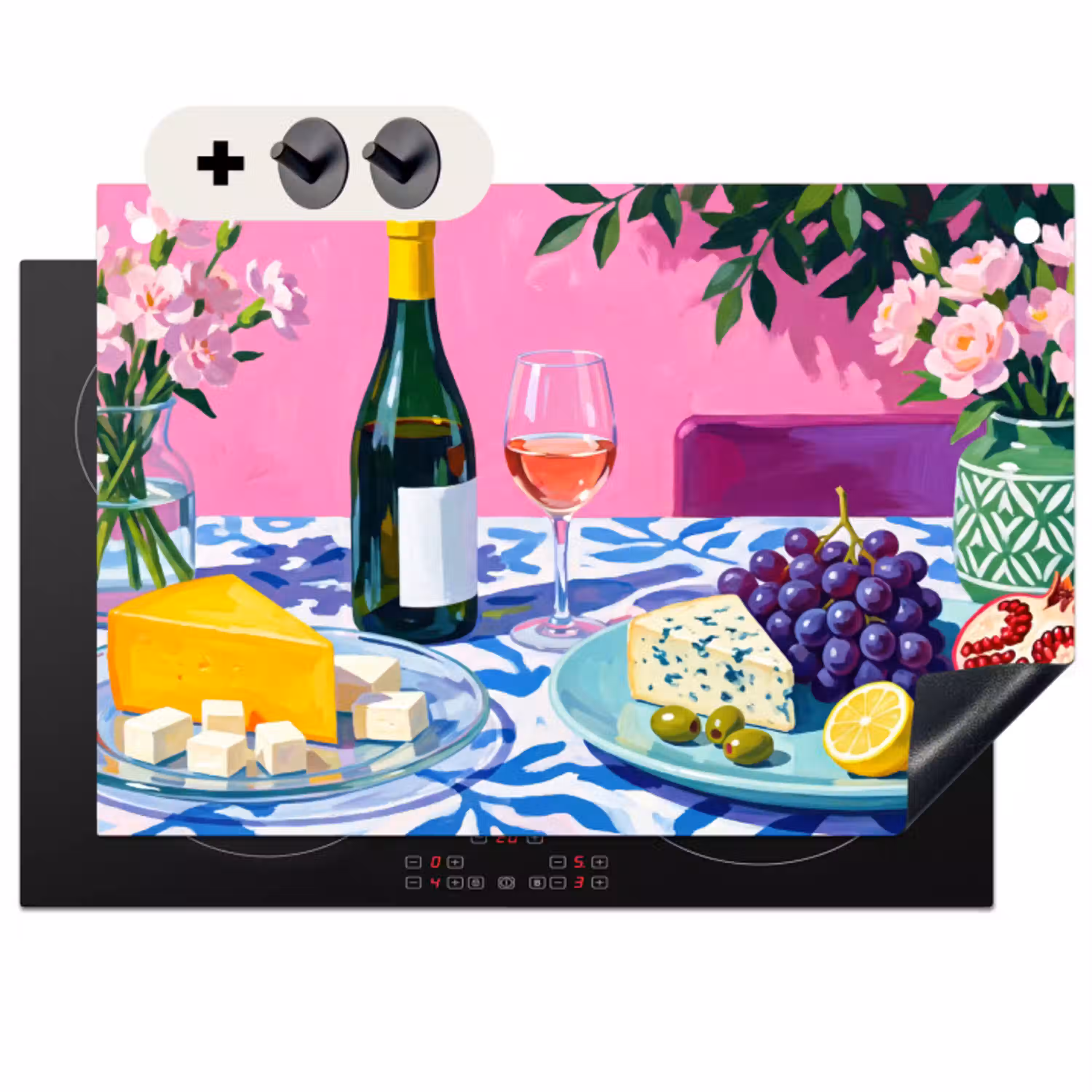 Eten - Wijn - Kleurrijk Inductie beschemer met haakjes klein -3d