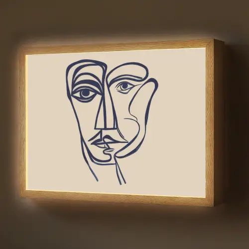 Minimalistisch - Lijnillustratie - Beige - Donkerblauw Light Box met batterij (Wandlamp) middel -z3d_website