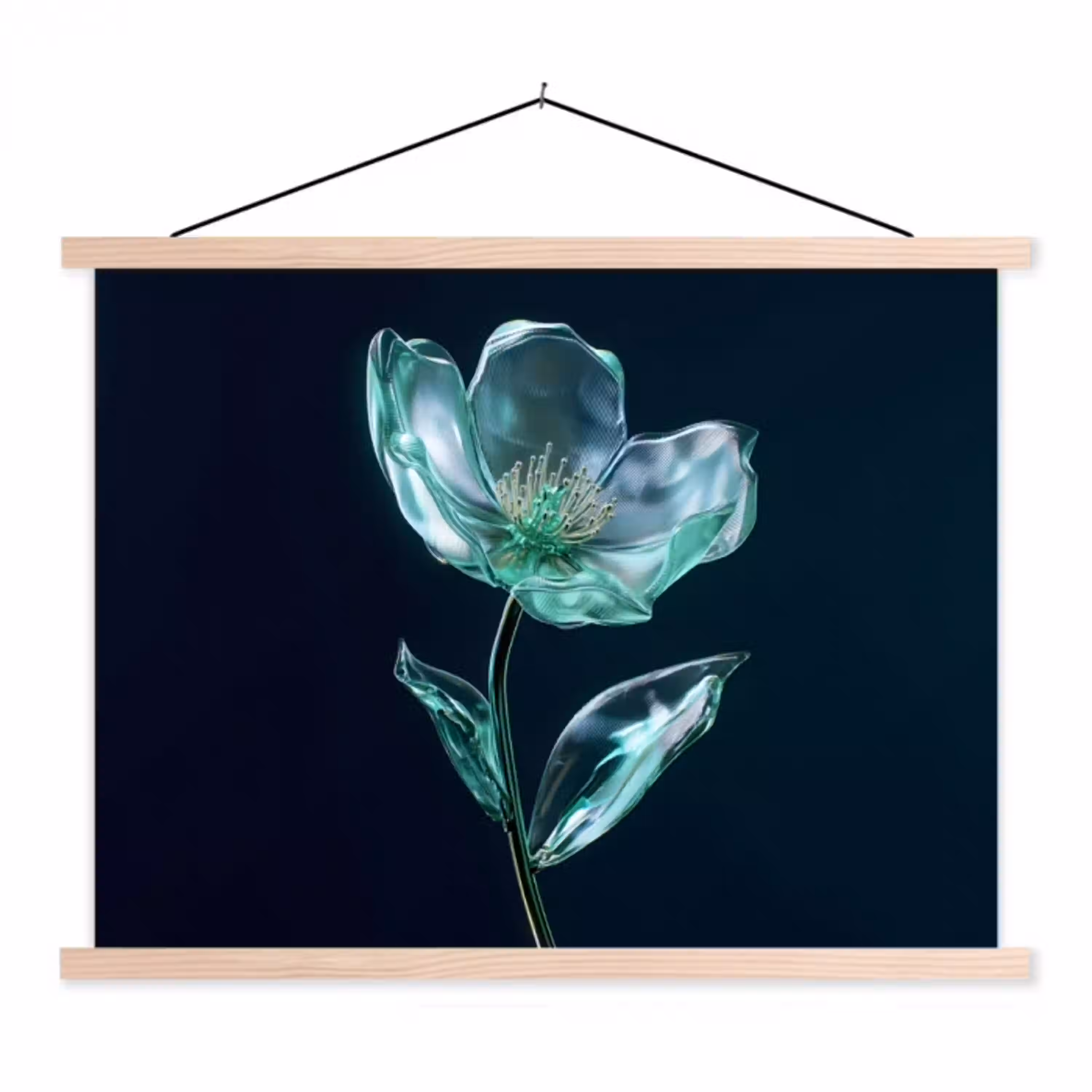 Bladeren - Bloem - Glazen - Donkerblauw textielposter latten blank klein -3d