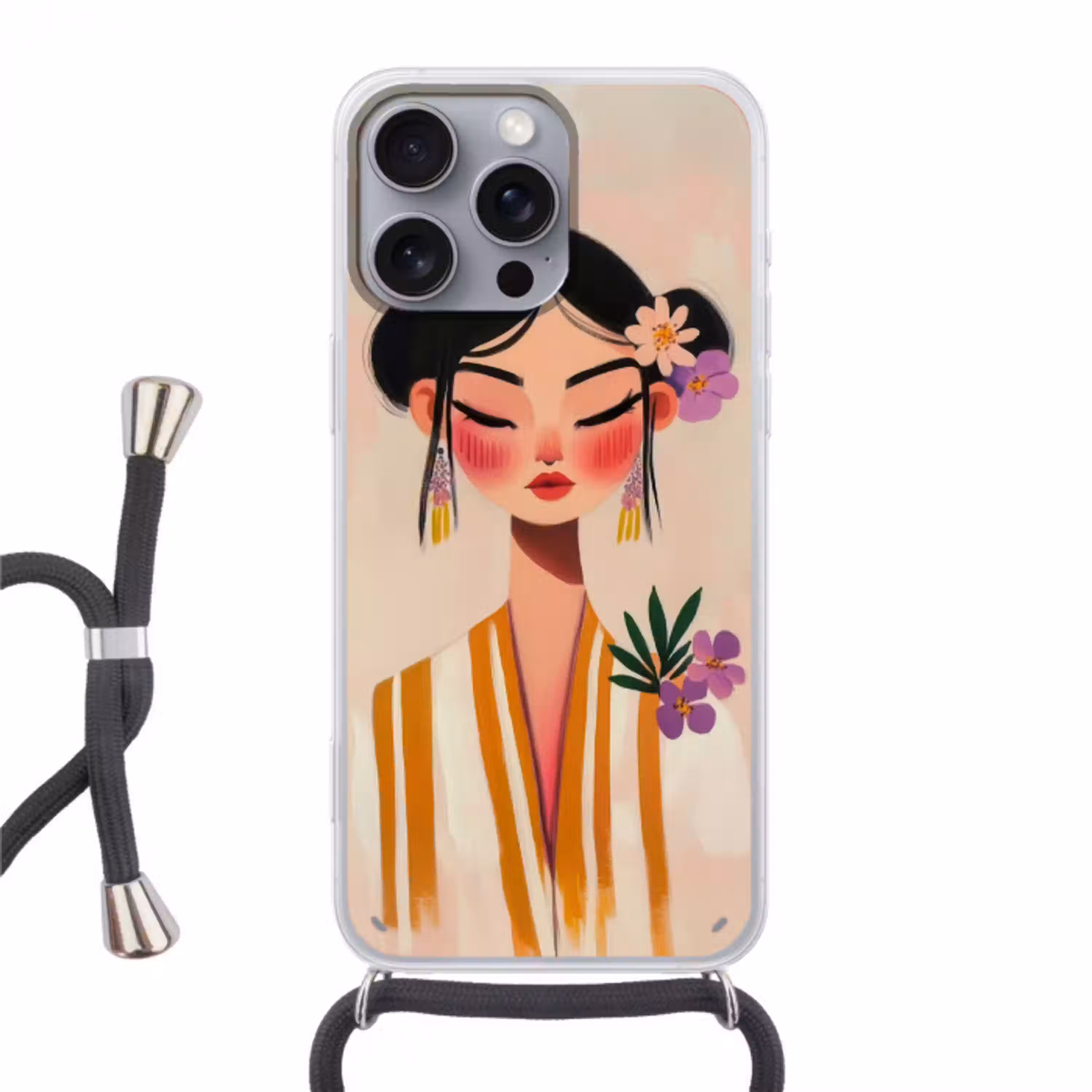 Vrouw - Bloemen - Pastel Hoesje iPhone 16 Pro Max met koord klein -3d