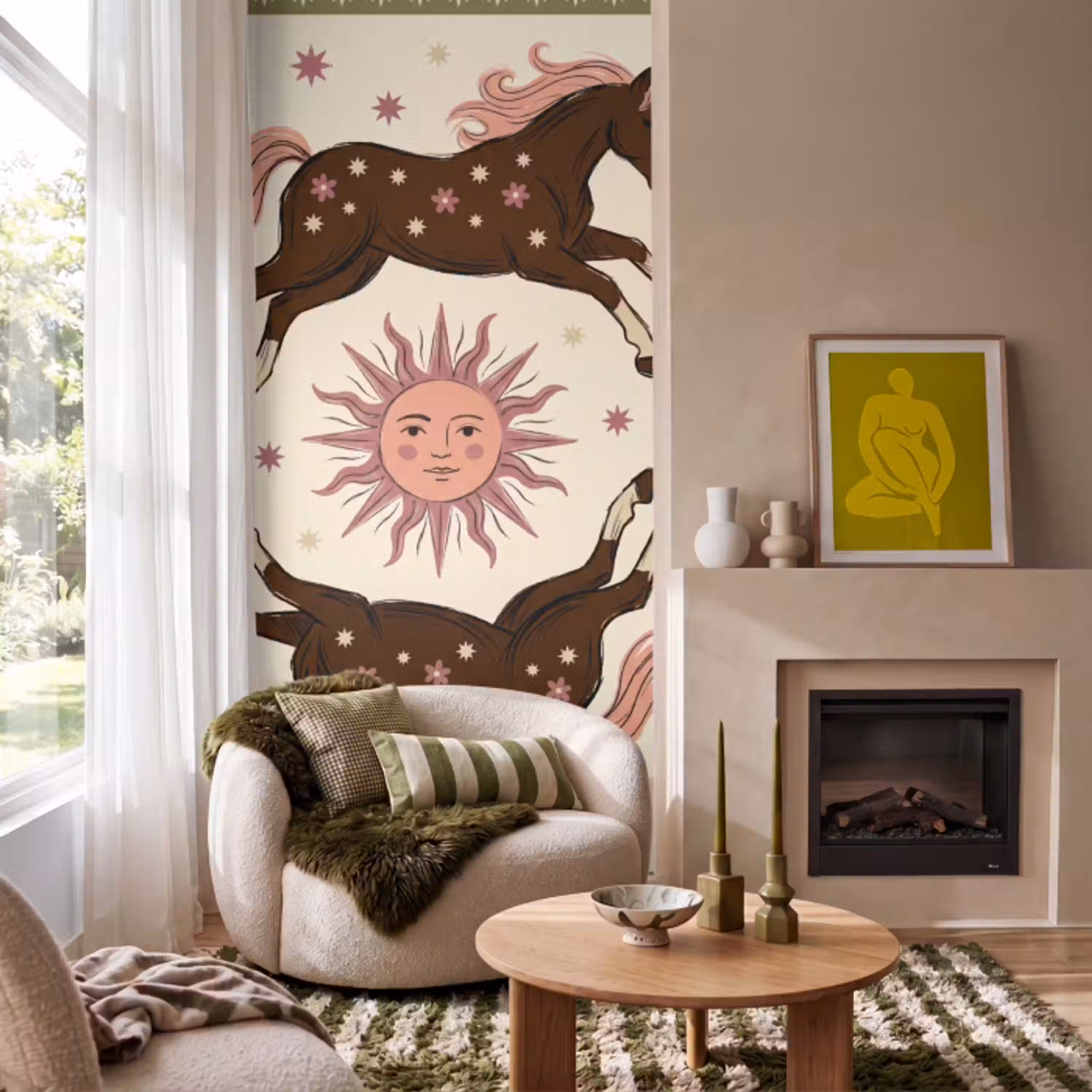 Paard - Zon - Mystiek - Illustratie - Roze Behang Vlies klein -sfeer2