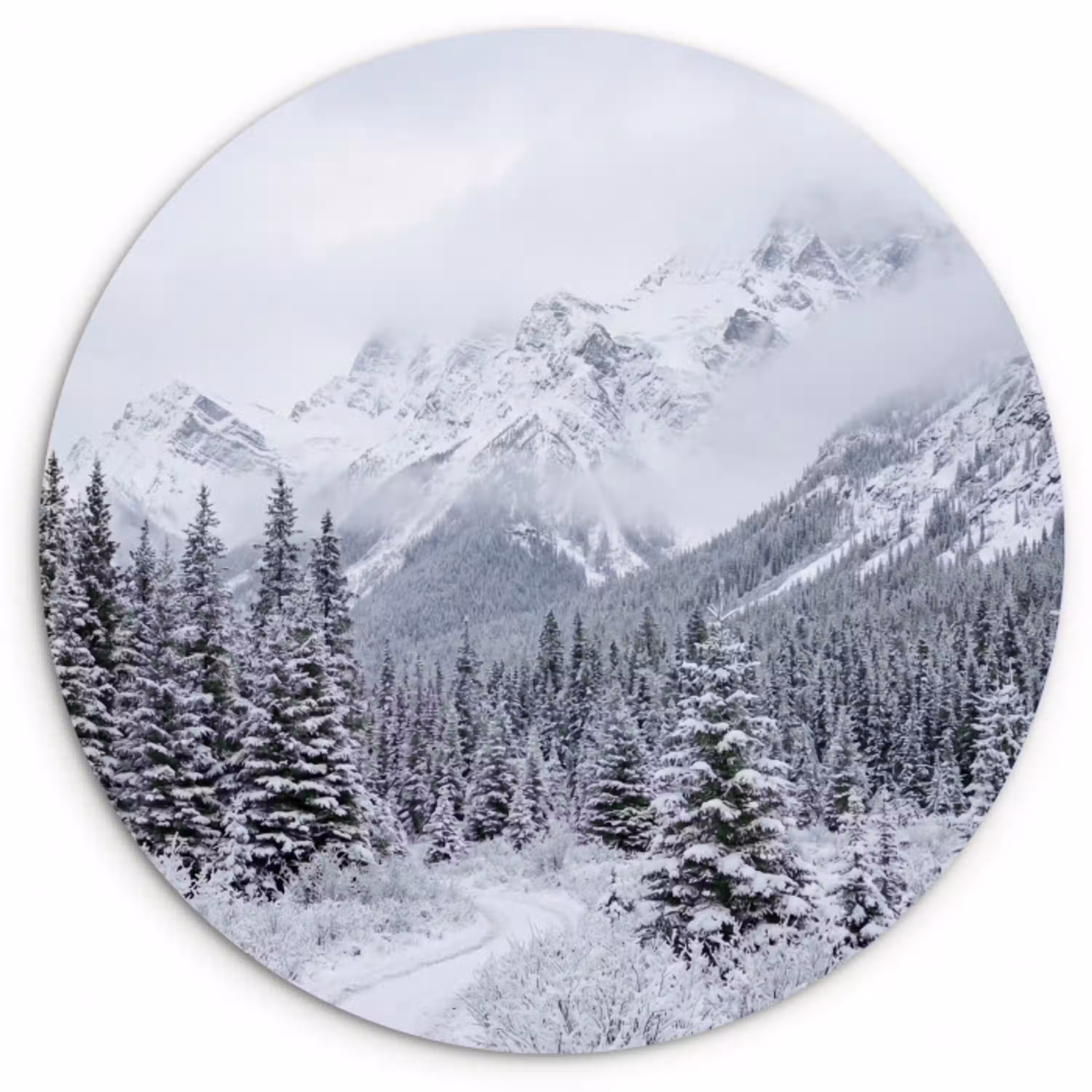 Weg - Bergen - Sneeuw - Naaldbos - Avontuurlijk Wandcirkel kunststof plaat 5mm dik klein -3d