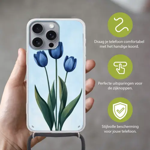 Tulpen - Blauw - Bladeren Hoesje iPhone 16 Pro Max met koord klein -sfeer2_NL