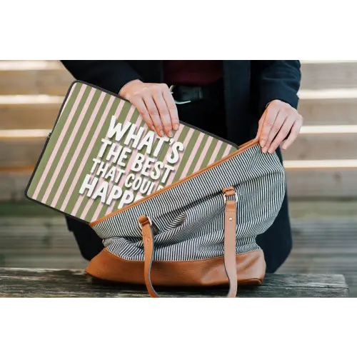 What's the best that could happen - Strepen - Groen - Roze laptophoes neopreen klein -tas