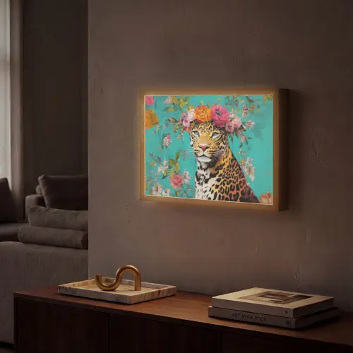 Luipaard - Bloemen - Kroon Light Box met batterij (Wandlamp) middel -sfeer1