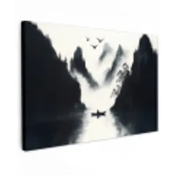 Roeiboot - Mistig - Bergen - Vogels Tuinposter op houten frame 2 cm dik klein -3d