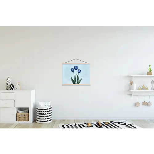 Tulpen - Blauw - Bladeren textielposter latten blank klein -kinderkamer